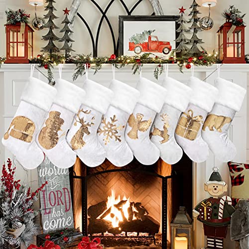 Gex Christmas Stockings 8 Pack For Family 20" Gold Sequins White Velvet With Soft Faux Fur Embroidery Classic Fireplace Tree Decorations Hanging Ornament For Xmas Season Decor (Set Of 8) #TOP5