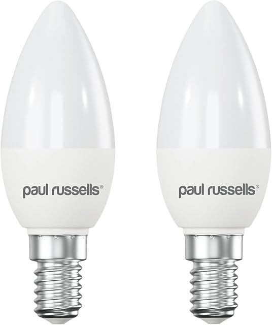 paul russells Small Edison Light E14, 60W Bulbs, Cool White 4000K Lamps, 7W 600lm LED Bulbs, SES C37 Candle Energy Saving Chandelier Lightbulbs, Non-dimmable, Pack of 2