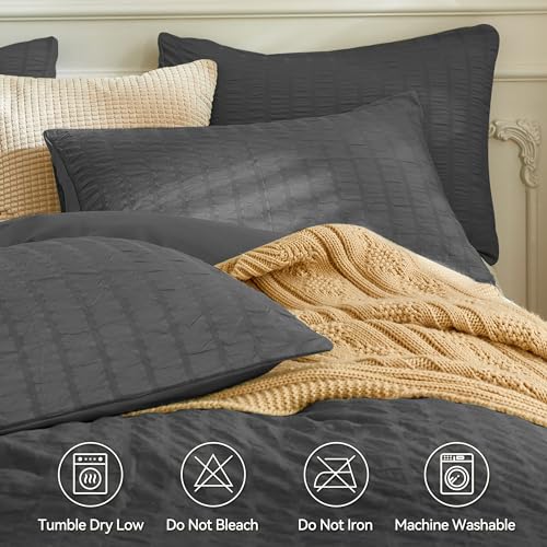 Image of JELLYMONI Charcoal Grey Duvet Cover Full Size, 3pcs Washed Microfiber Bedding Set, Soft Breathable Seersucker Duvet Cover Set with Zipper Closure and Corner Ties for All Seasons