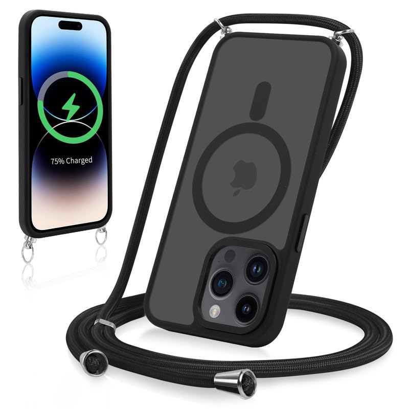 Yoedge Magnetische Handyband für iPhone 15 Pro Max 6 7 Hülle mit Band Handyhülle Kompatibel mit MagSafe Matt Transluzente PC+TPU Stoßfest Schutzhülle mit Abnehmbar Kordel zum Umhängen Case Schwarz