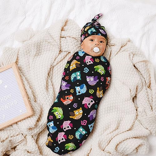 Image of Cartoon Owl Newborn Swaddle Blanket with Hat Sets Newborn Receiving Blanket for Boy Girl Swaddle Sack Shower Infant Gift
