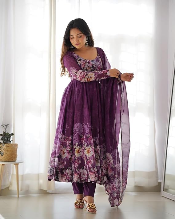 Image of KD Women's Floral Printed Georgette Anarkali Kurta Set With Dupatta, Traditional Salwar Suit, Long Sleeve Ethnic Dress