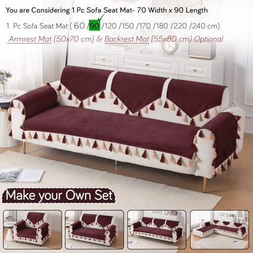 Image of HOKIPO Sofa Cover Mat with Tassel for 1 /2 /3 Seater & L Shape Sofa | DIY Sofa Cover Set | Dyed Holland Velvet | 'TasselTone Series' 70(W) x 90(L) cm |Wine Red (IN-1105-MRN)
