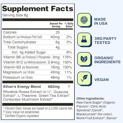 Image of Ethan's Feel Good Pre-Workout & Hydration Drink Mix, 200mg Plant-Based Caffeine, Electrolytes & Adaptogens, Vegan Organic - Concord Grape, 30 Servings
