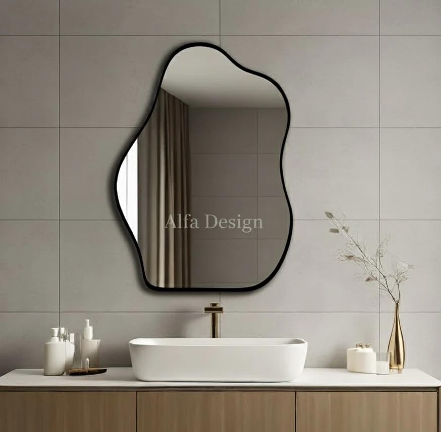 Image of ALFA Design Asymmetrical Black Wall Mirror with Wood Frame Irregular Modern Hanging Mirror for Wall Bedroom Bathroom Entryway Hallway Modern Irregular Black (29 x 21 inch)