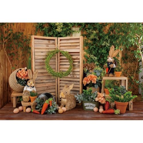 Xiaoterna 2,2x1,5m Toile de Fond Printemps Pâques Rustique Planche en Bois Mur Herbe Verte Lapin Fond Photographique Fleurs Floral Oeufs Carottes Lapins Mur en Bois Intérieur Toile de Fond