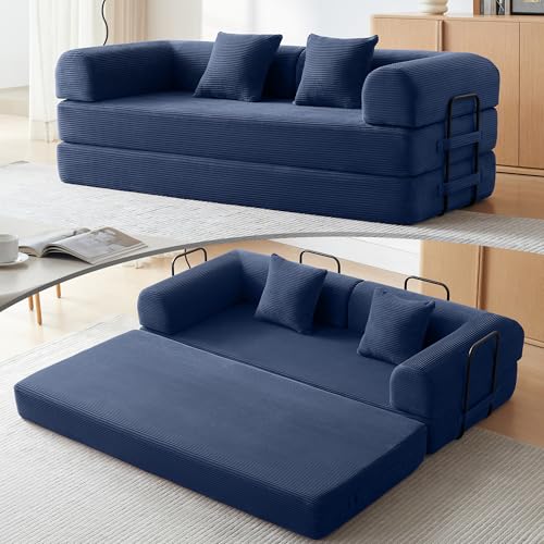 Image of Convertible Sofa Bed with Corduroy Pillow,Comfy Floor Sofa Bed Compressed Sofa in Box, Convertible Sofa Bed for Living Room Bedroom Lounge Studio, Comfy High Density Foam Mattress(Navy Blue)