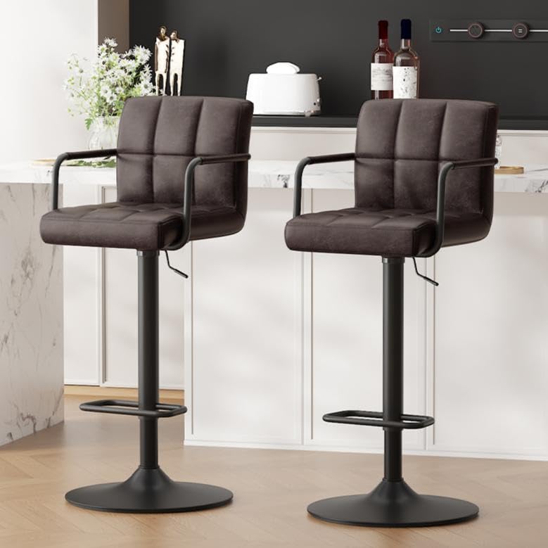 Ckaff Barhocker 2er Set, Barstuhl höhenverstellbar aus PU-Leder, 360°Drehstuhl Küchenstuhl mit Armlehnen, Rückenlehne und Fußstütze für Küche, Wohnzimmer, Esszimmer, Schwarzbraun