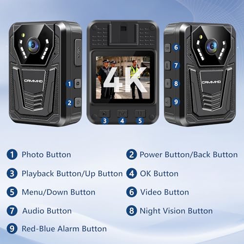CAMMHD F6-32GB 4K-Körperkamera, arbeitet 12–14 Stunden und hat Ultra-Nachtsicht, wasserdichte Body Cam mit Audio- und Videoaufzeichnung, H.265-Videocode Polizei Bodycam für die Strafverfolgung