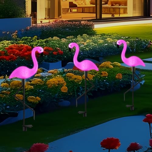 Solar Flamingo Lights 3 Pcs Set, Waterproof Solar Garden Lights Outdoor Decoration, Pink Flamingo Garden Decoration for Patio Lawn Sidewalk Pathway