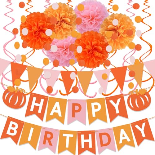Thanksgiving Birthday Party Decorations Pink and Orange Groovy Party Decorations Pumpkin Happy Birthday Banner Fall Autumn Thanksgiving Harvest Decorations for Fireplace Mantle Home by FINALFIESTA - Used condition - US$8.90