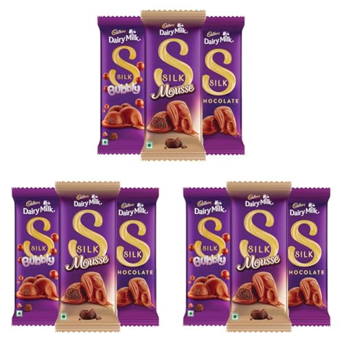 Image of Cadbury Dairy Milk Silk Bubbly 112 g, Silk Mousse 110 g & Silk 144g Chocolate Bars, 366 g (Pack of 9)