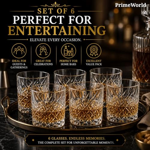 Image of PrimeWorld Crown European Crystal Whiskey Glasses Set of 6 pcs- 300 ml Bar Glass for Drinking Bourbon, Whisky, Scotch, Cocktails, Cognac- Old Fashioned Cocktail Tumblers
