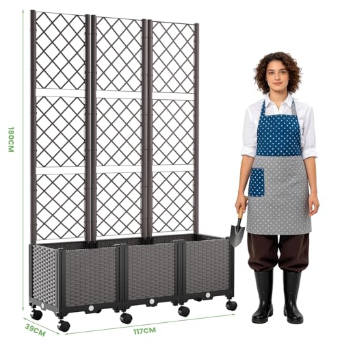 ZIKEBTUY 180x117x390CM Hochbeet mit Spalier und Rädern für Kletterpflanzen Pflanzkasten mit Sichtschutz für Tomaten, Gurken, Kletterrosen usw (Dreifach)