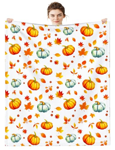 Pumpkins Throw Blanket, Orange Blue Pumpkins and Leaves Soft Flannel