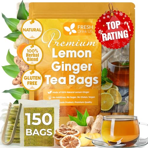 Image of FreshDrinkUS, Premium 150 Lemon Ginger Tea Bags, 100% Natural Ingredients, Hand-made Blend of Lemon and Ginger, Eco-conscious Tea Bags. No Sugar, No Caffeine, Vegan.