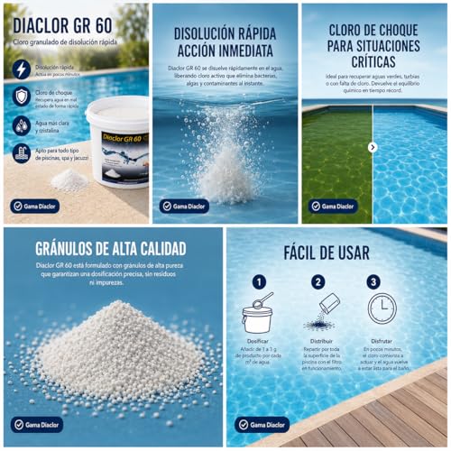 Miniatura 6 de Cloro Choque Disolución Rápida Para Piscinas Diaclor Gr 60 5 Kg - Dicloro Granulado Puro - Diasa Industrial