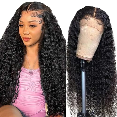 Zeslaerr Human Hair Wig 13x1 Glueless Wear and Go Lace Frontal Water Wave Unprocessed Brazilian Virgin Pre Plucked Baby Hair 1b Natural Black Minimal Tangle...