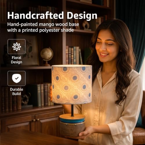 Image of Amazon Basics Kashida Bloom Table Lamp | Hand-Painted Mango Wood Base with Printed Polyester Shade | E14 Holder | Decorative Night Lamp for Bedroom, Living Room & Study Room | Home Decor Gift