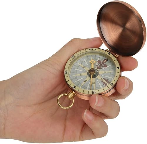 Tragbarer Vintage Retro Kupfer Kompass mit Klappdeckel, Kleiner Messing Kompass Outdoor Taschenuhr Stil, Hochwertiger Compass Anhänger als Geschenk für Camping Wandern Bootfahren