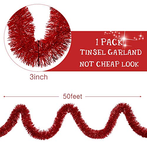 Willbond 50 Feet Tinsel Garland Metallic Tinsel Twist Garland Christmas Tree Decorations New Year Wedding Birthday Hanging Decorations Party Supplies 3 Inch (Red) #TOP1