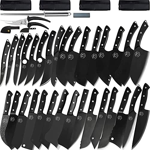 XYJ Authentic Since 1986, 31 Pieces Stainless Steel Knife Set, Meat And Vegetable Cleaver, Full Tang Handle, Professional Kitchen Knives Set With Bag, Honing Steel, Shears, Fruit Forks, Whetstone