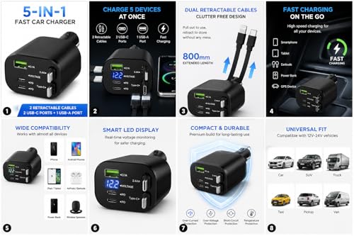 Image of 120W 5-in-1 Car Charger Adapter | 2 Retractable Cables (Type-C & Lightning) + 3 Ports (USB A + 2 Type C) | LED Display | Charging for iPhone, Android, Laptops & All Devices