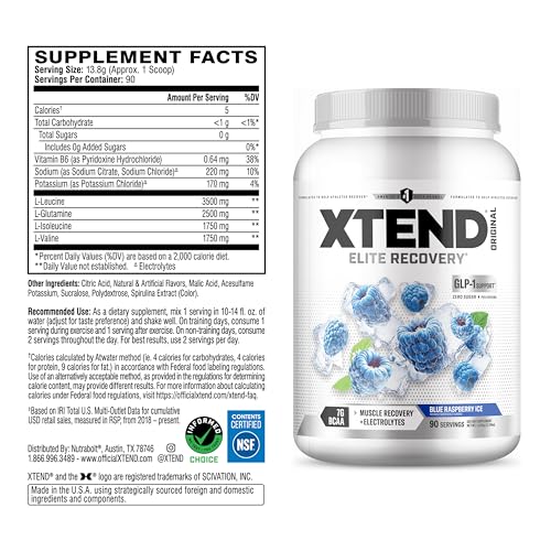 Image of Xtend Original BCAA Powder, 7g BCAAs and 2.5g L-Glutamine for Muscle Recovery Hydration and Lean Muscle, Sugar Free Intra and Post Workout Drink with Electrolytes, Blue Raspberry Ice, 90 Servings