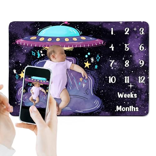 Image of UFO Baby Monthly Milestone Blanket, Purple Spaceship, 60x40in | Soft Flannel, Alien Design, Photography Props for Boys Girls, Newborn Mom Gift, Nursery Decor Baby Shower