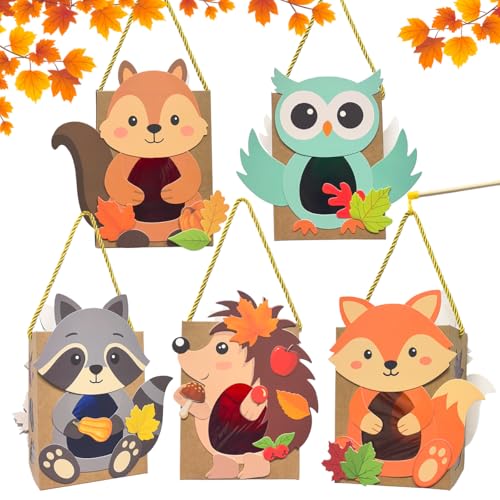 Laternen Bastelset, 5 Stück DIY Laterne Kinder, St Martin Laterne Basteln mit Fuchs Eichhörnchen Igel Eule Waschbär, Ideal für Laternenumzug