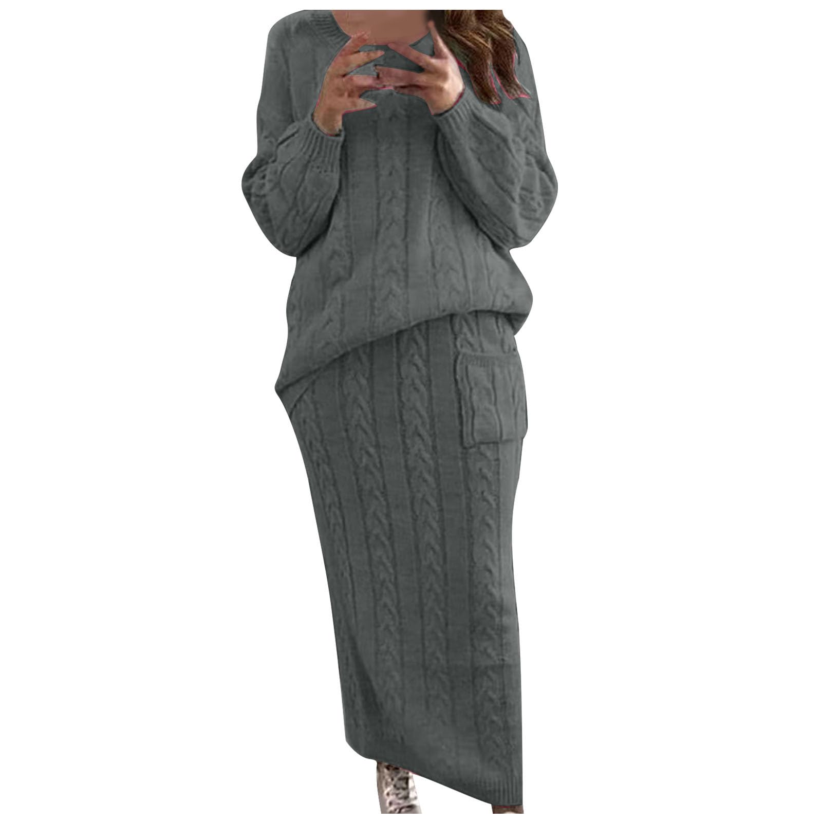Conjunto de suéter para mujer, ropa de punto, vestido de dos piezas, conjunto de manga larga de gran tamaño, conjunto de falda de punto trenzado, 1, gris oscuro, XX-Large