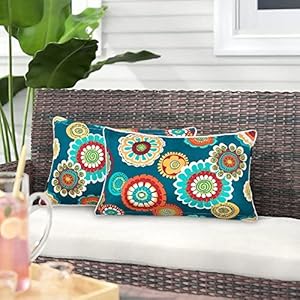 Magpie fabrics pack of 2 outdoor lumbar pillow case covers 12×20 waterproof rectangular throw pillowcase shell decorative sham for patio garden couch heronsbill turquoise green  urban country home decor