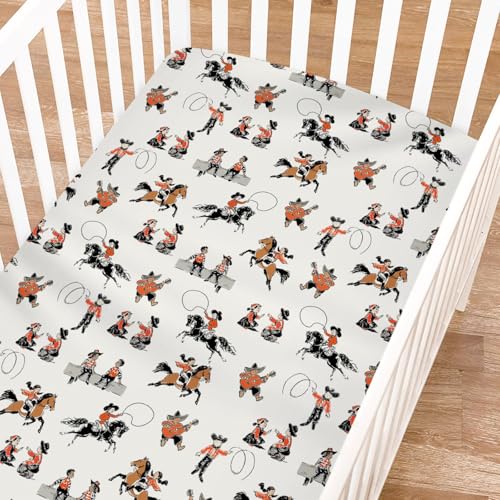 Image of Cute Western Cowboy Cowgirl Baby Crib Sheets for Boys Girls 52 inchx28 inch Country Western Horse Soft Breathable Snug Fitted Crib Mattress Covers Music Baby Sheet Fits Standard Crib and Toddler Mattresses