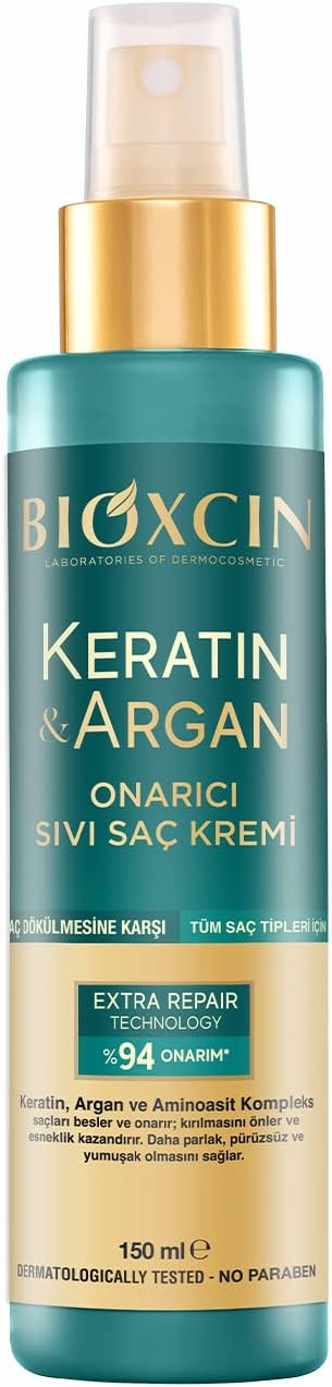 Bioxcin Keratin & Argan Onarıcı Sıvı Saç Kremi – Hidrolize Keratin, Argan Yağı ve BioComplex B11 İçeren Durulanmayan Saç Bakım Spreyi – 150 ml – Yıpranmış Saçlar İçin