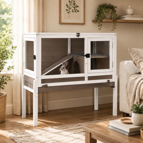 GUTINNEEN Guinea Pig Cage Rabbit Cage Indoor with Chew-Proof Edges, Clean Deep Tray, Leakproof PVC Layer, Small Animals Cage with Adjustable Legs - Brown