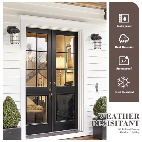 Image of Emliviar 2 Packs Outdoor Wall Lamps, Patio Wall Lighting Waterproof with Clear Tempered Glass, Vintage Exterior Lights in Oil Rubbed Bronze Finish, GE255BL-2PK ORB