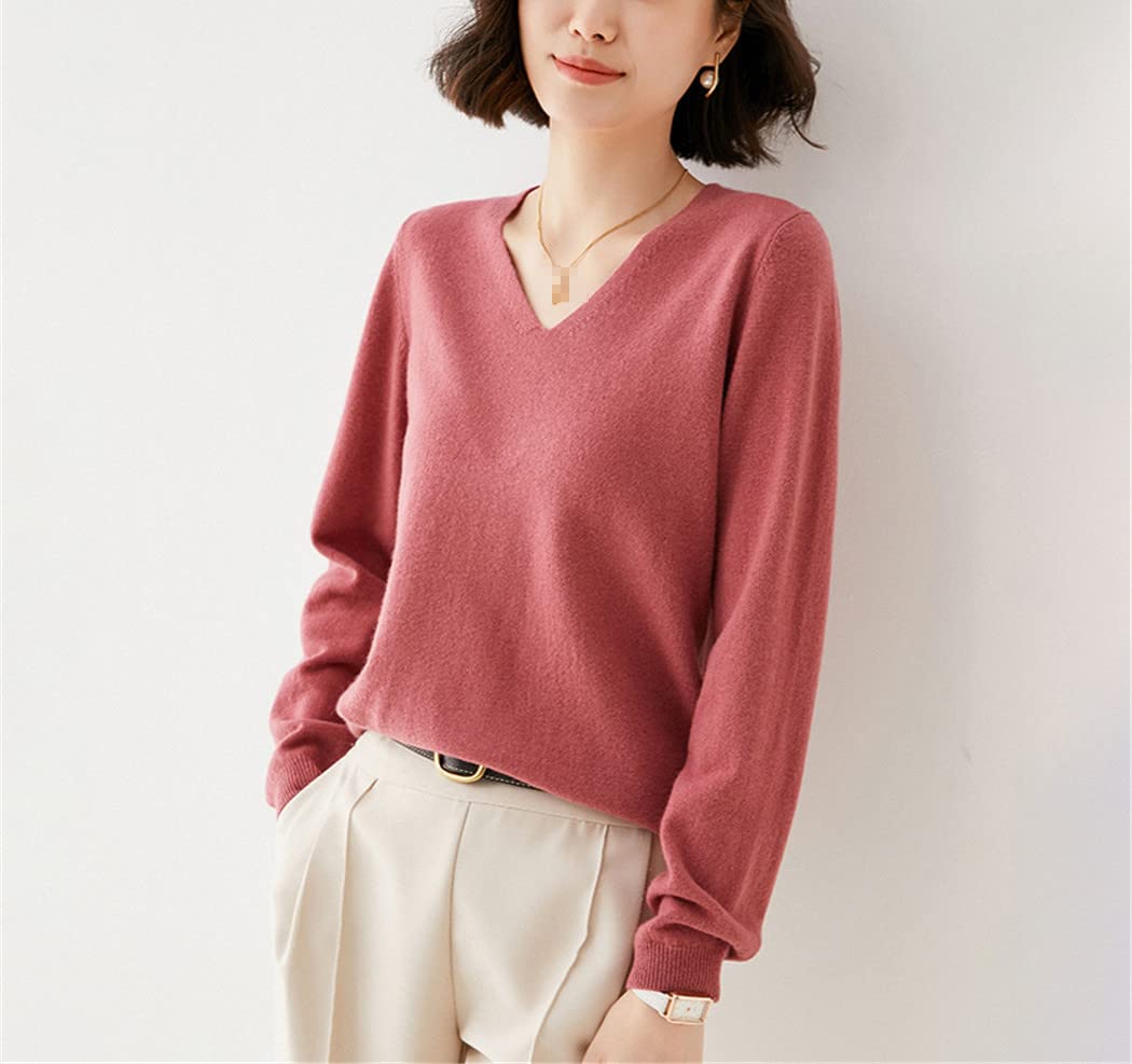 Maglione lavorato a maglia All-Match con scollo a V in lana da donna autunno inverno, Beige, XL