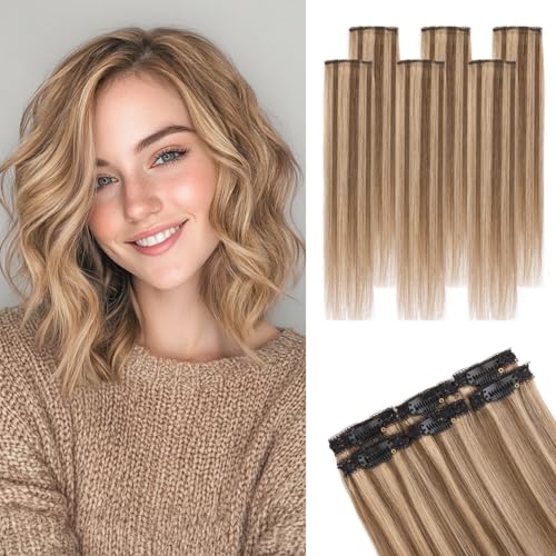 Clip in Short Hair Extensions Real Human Hair,Prokyvity Short Hair Extensions Clip ins,Mini Hairpieces for Volume & Highlights,6 Pieces 31g 10 inch Medium Brown Mixed Dark Blonde
