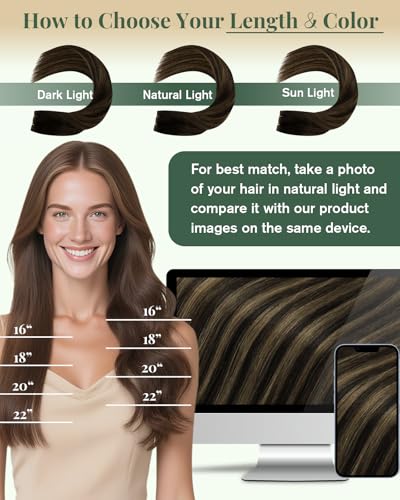 Image of Ugeat 16 Inch Genius Weft Hair Extensions Dark Brown Balayage Genius Weft Hair Extensions Human Hair Mix Medium Brown Balayage Hand Tied Hair Extension Secure Root Attachment 16 Inch 50G