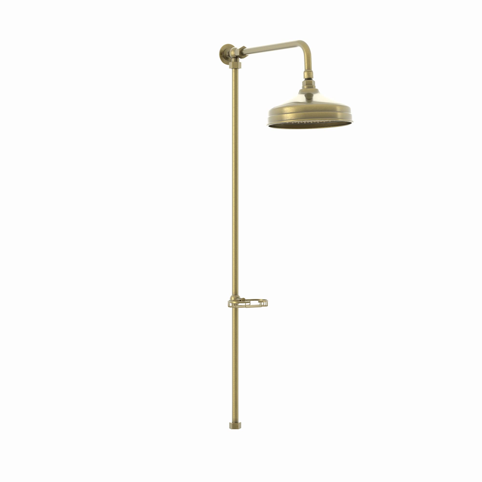 ENKI, Downton, RG044 Traditional Shower Rigid Riser Rail Kit with Large Overhead Shower & Soap Holder, Single Outlet, Antique Brass