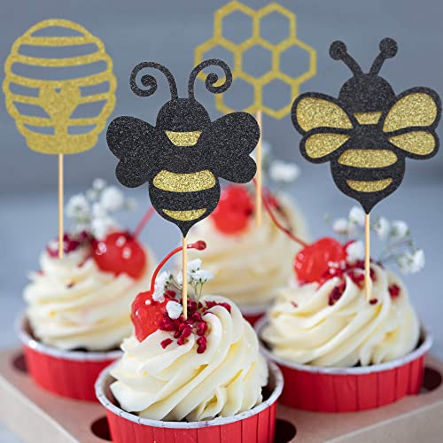 Secreden 24Pcs Bumble Bee Cupcake Toppers Glitter Honeycomb Cupcake Picks Baby Shower Birthday Party Cake Decorations Supplies #TOP6