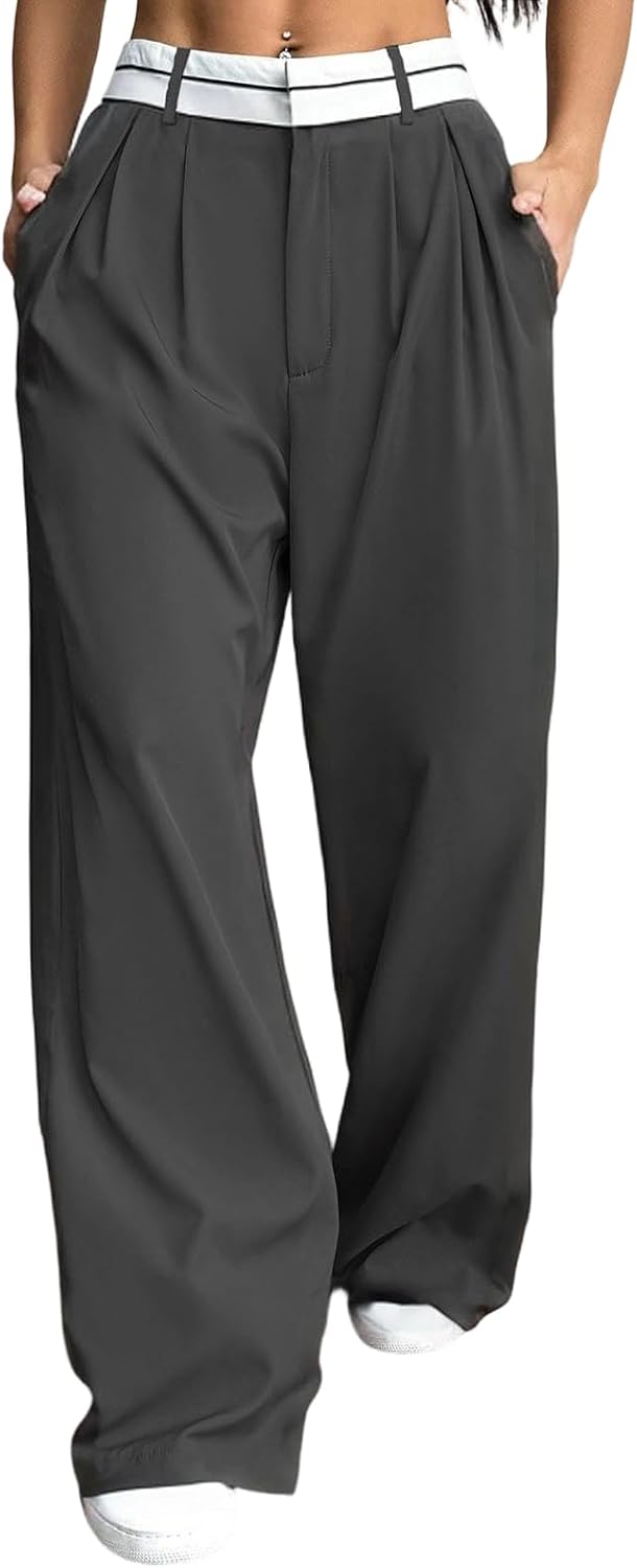 Womens Suit Pants Pleated Wide Leg High Waist Elastic Casual Trousers Fitness Stretchy Sports Lightweight Trendy Outfits