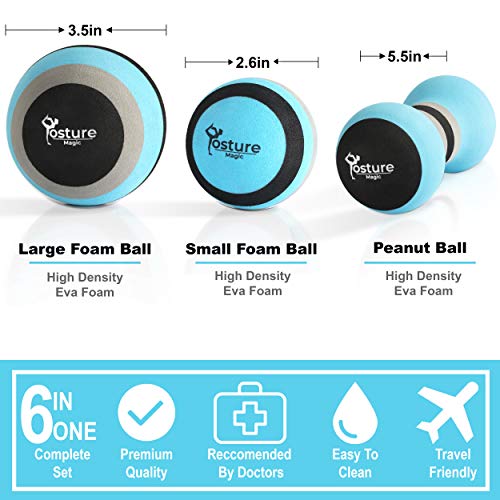 Posture Magic Massage Ball Set For Myofascial Trigger Point Release & Deep Tissue Massage - Set Of 6 - Large Foam/Small Foam/Lacrosse/Peanut/Spiky/Hand Exercise Ball (Blue) #TOP1