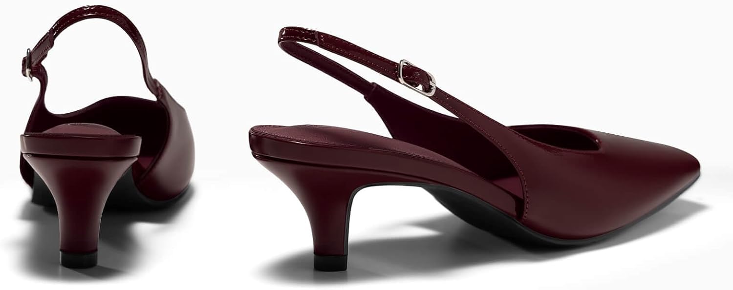 Coutgo Womens Kitten Low Heels Slingback Pumps Squared Point Toe Buckle Strap Wedding Party Dress Shoes - Image 5