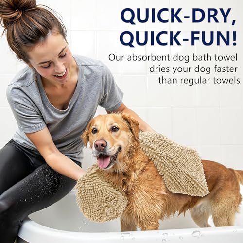 Image of OLANLY Chenille Dog Bath Towel 31x13, Ultra Absorbent Quick Dry Pet Towel, Extra Soft Washable Plush Towel for Large Dogs & Puppies, Indoor Outdoor Use, Beige