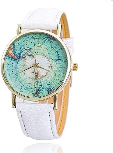 Gold Leather Band Unisex Quartz Watch with World Map Antarctic White