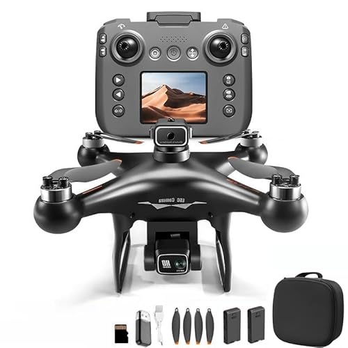 Hobby Drone with Screen on Remote Control Dual 720p Cameras, Optical Flow Positioning, 6-Channel Gyro, Brushless Motor, Headless Mode, Hovering, One-Key Takeoff, Altitude Hold, 2 Batteries, RC Quadcopter Beginner-Friendly Airplane, Airplane Drones For Kids 8-12