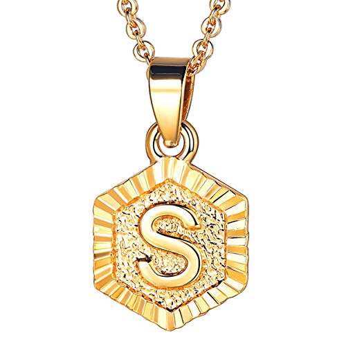 FOCALOOK Initial Necklace Yellow Charm 18K Gold Plated Small Hexagon Capital Letter S Pendant Necklaces for Women
