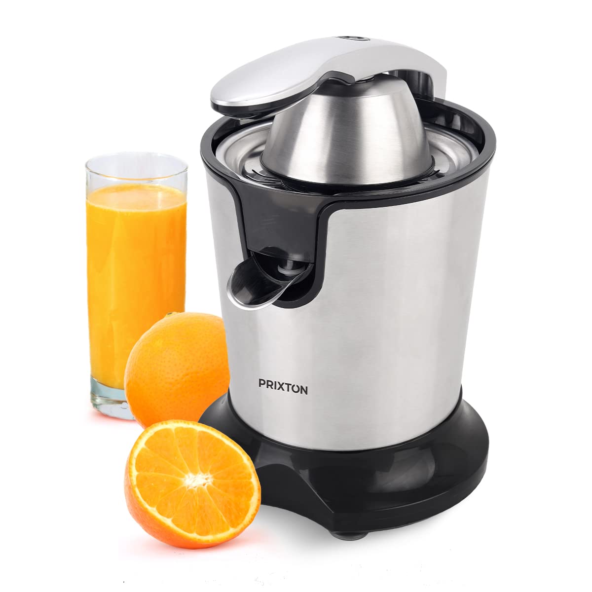 PRIXTON Exprimidor Eléctrico Juicer BIO Potencia 300W Capacidad 270 ml, 2 Conos incluidos, Cuerpo y accesorios en Acero Inoxidable