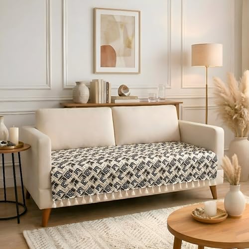 Image of BSB HOME Cotton Sofa Cover Throw with Tassels, Soft Breathable Fabric, Printed Couch Cover for Living Room, Lightweight Furniture Protector (27 x 70 Inches / 69 x 178 cm) (Beige & Charcoal Black)